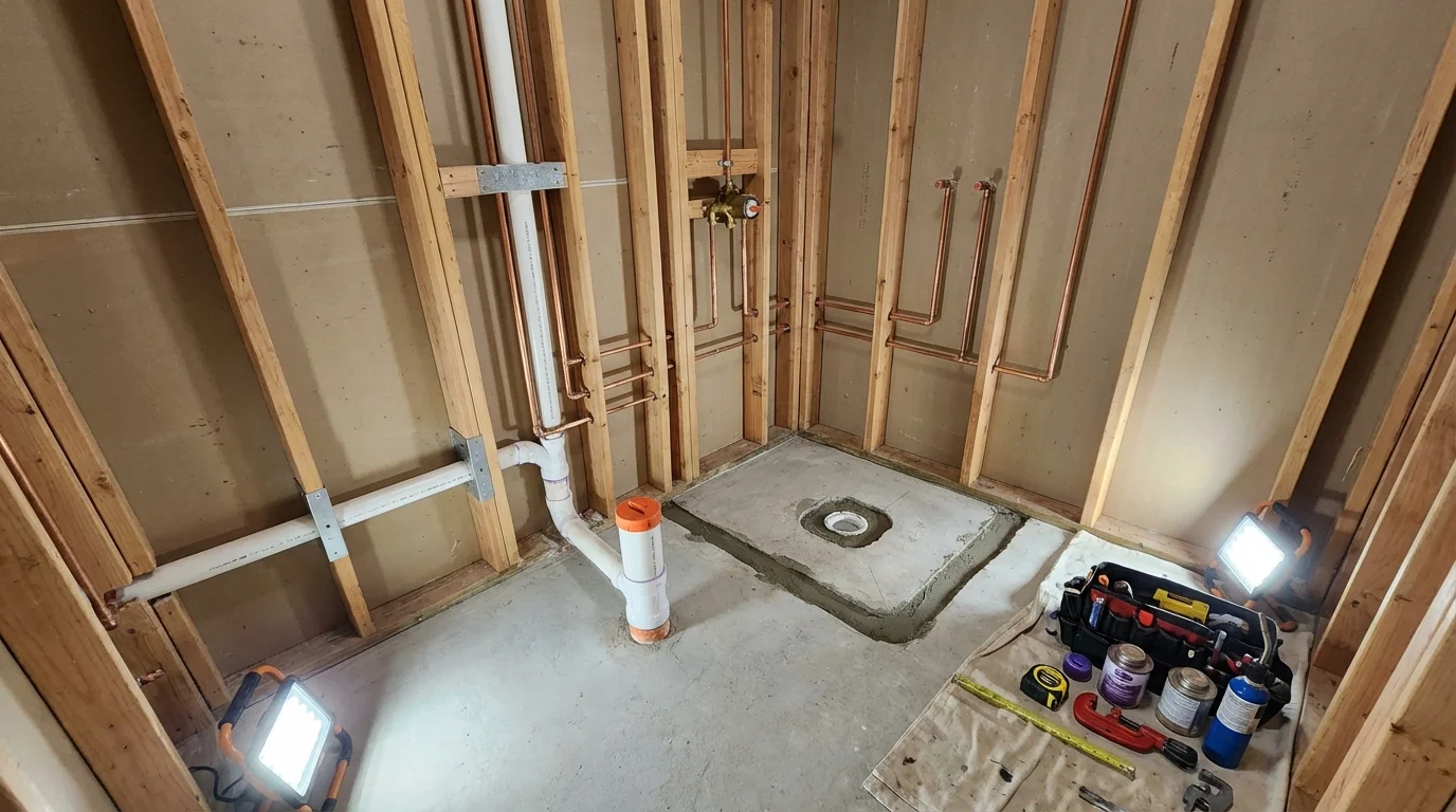 Bathroom rough-in plumbing during remodel by Johns Plumbing LLC in Coppell