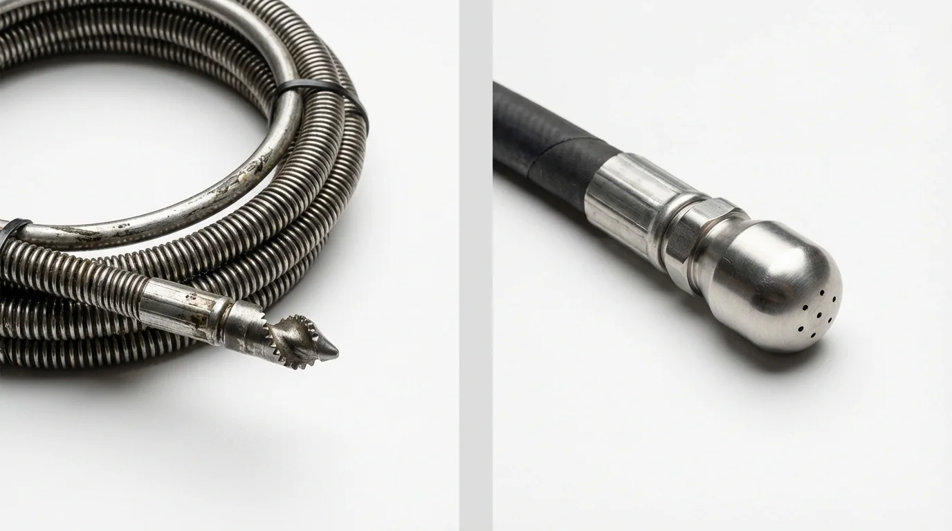 Drain snake cable and hydro jetting nozzle used for drain cleaning in Coppell, TX