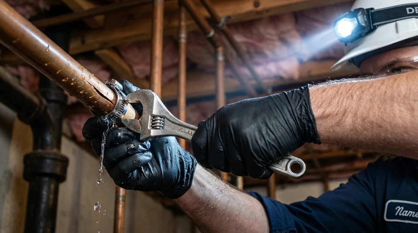 Emergency pipe clamp repair being performed by a Johns Plumbing LLC plumber in Coppell