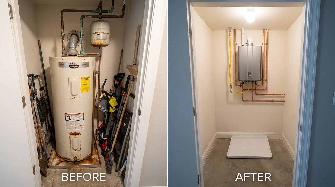 Tank water heater versus wall-mounted tankless unit comparison for Coppell, TX homeowners