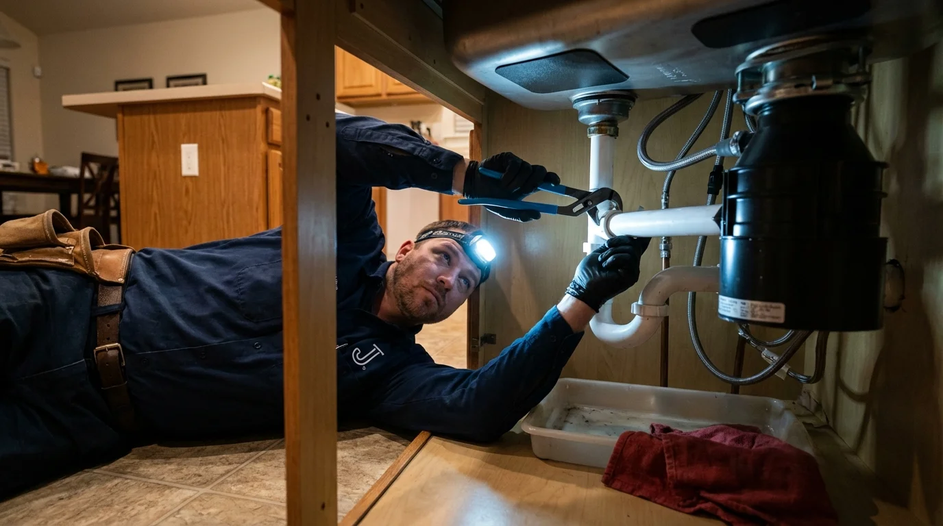 P-trap and supply line connections under a kitchen sink showing a common leak point in Coppell, TX